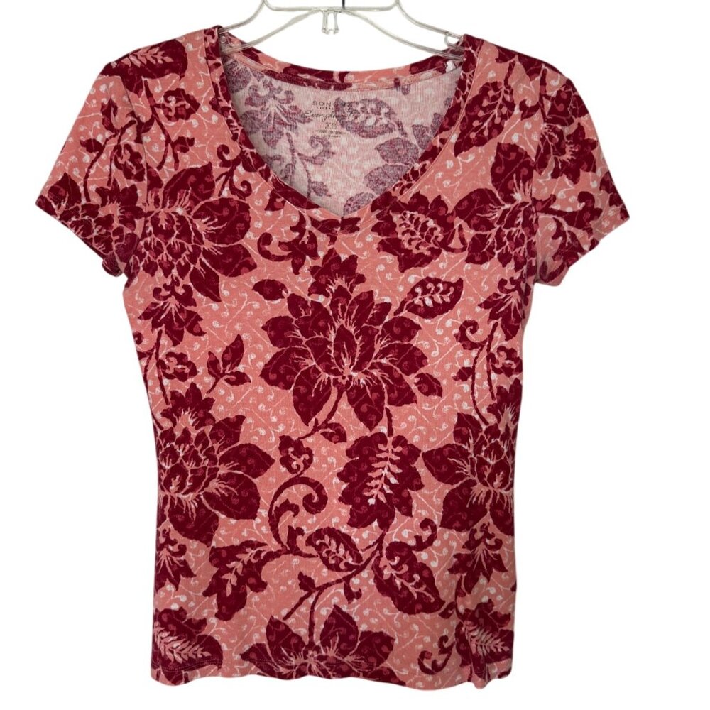 Sonoma Everyday Baby Tee Womens Floral Print Pink & Red T-Shirt Size S Y2K Boho